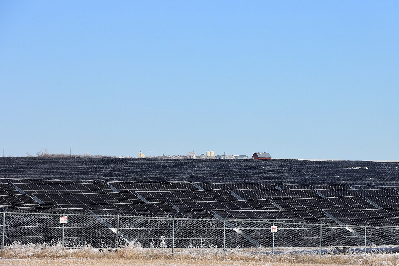 Rows of photovoltaic panels at a solar farm